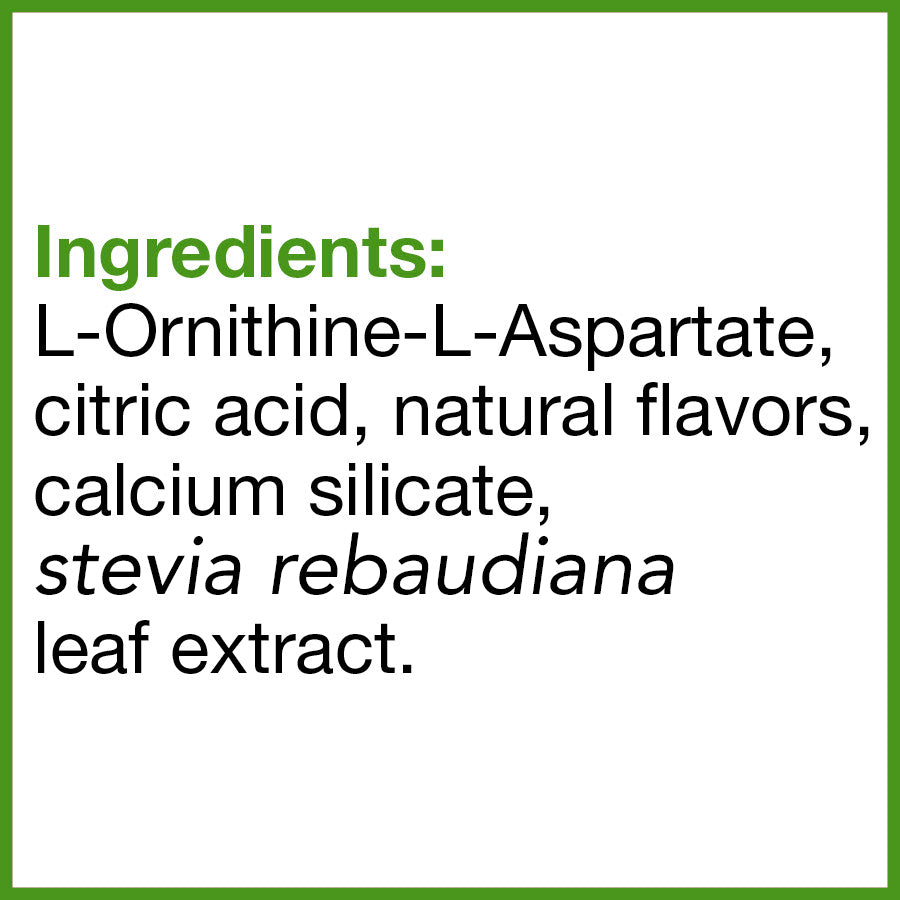 HepLOLA Ingredients: L-ornithine L-aspartate, citric acid, natural flavors, calcium silicate, stevia rebaudiana leaf extract
