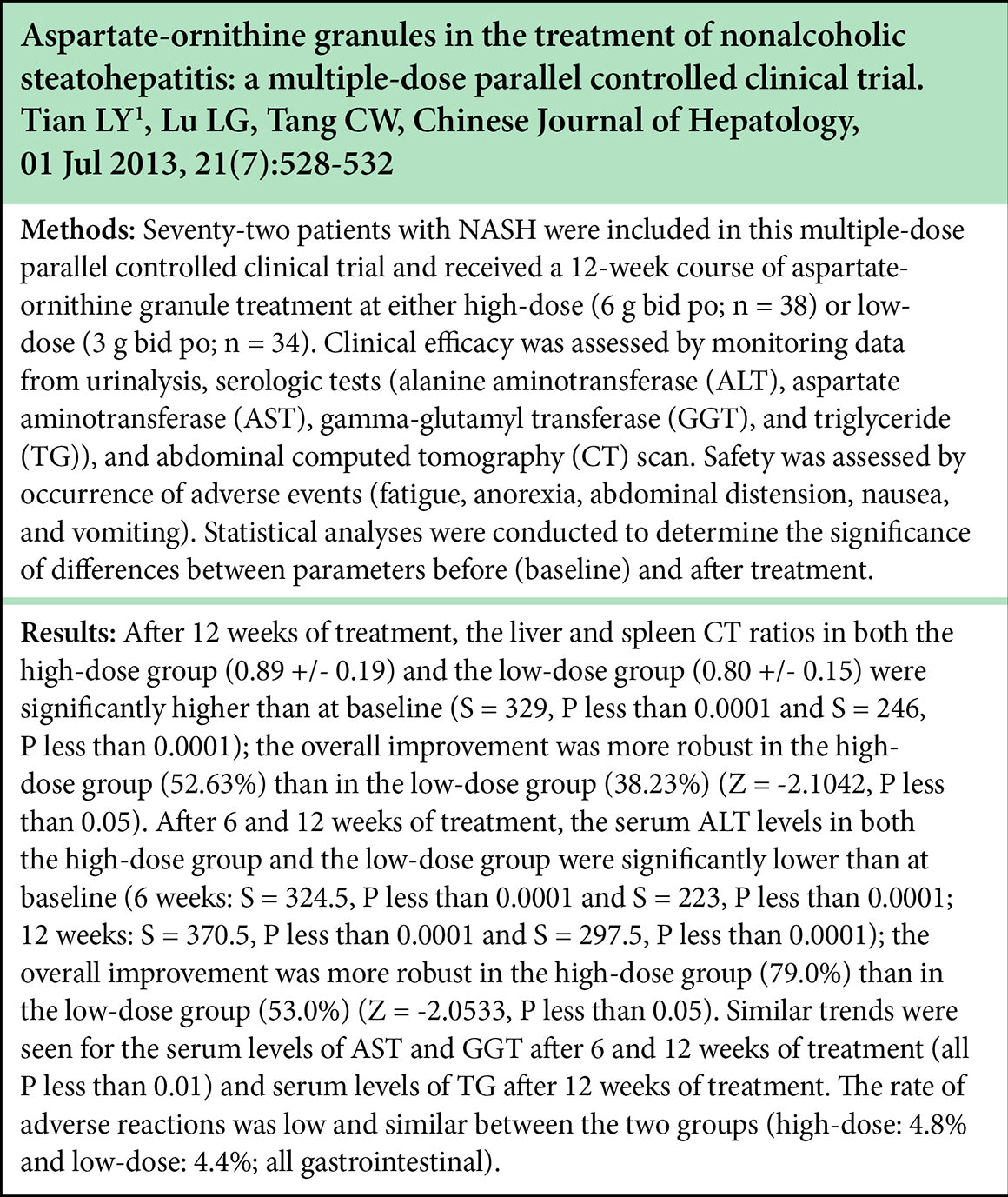 Aspartate ornithine granules in the treatment of nonalcoholic steatohepatitis:  A multiple-dose parallel controlled clinical trial.