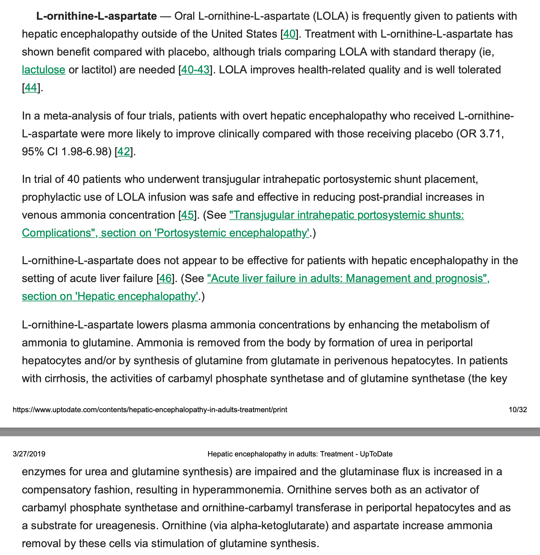 UpToDate review on the use of LOLA and HepLOLA for the managment of hepatic encephalopathy